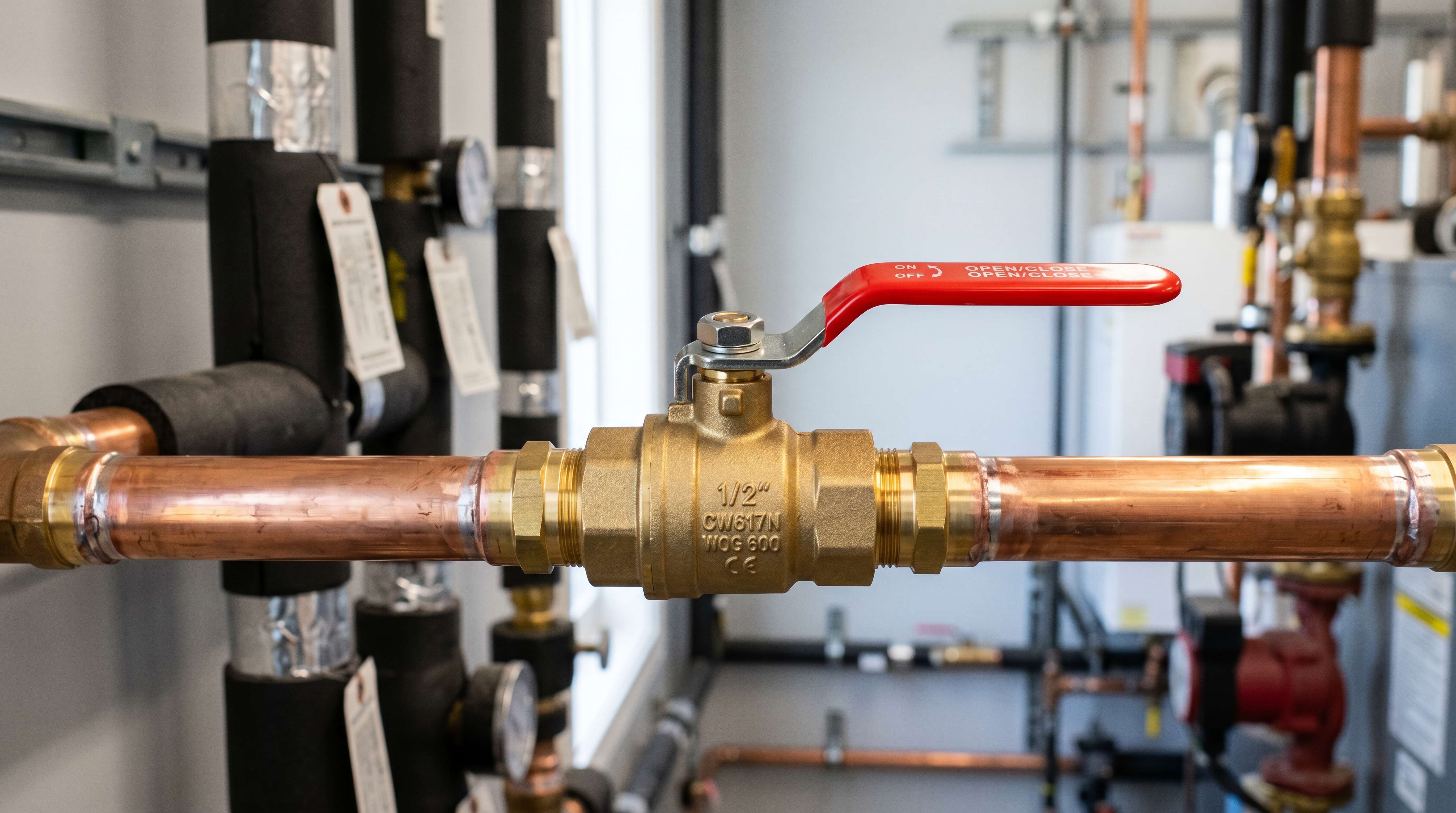 Brass ball valve installed on a copper pipe for clean water and general building service applications